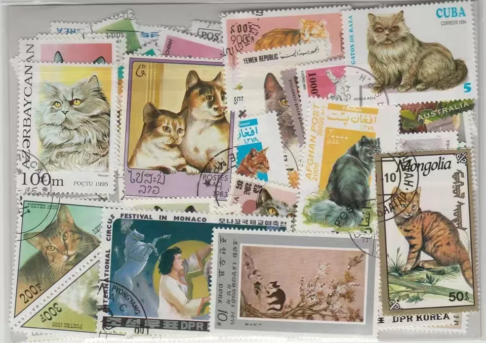 50PCS/Lot Cats/Kitten Animal Topic Stamps World Original Postage Stamp with Postmark Good Condition Collection No Repeat