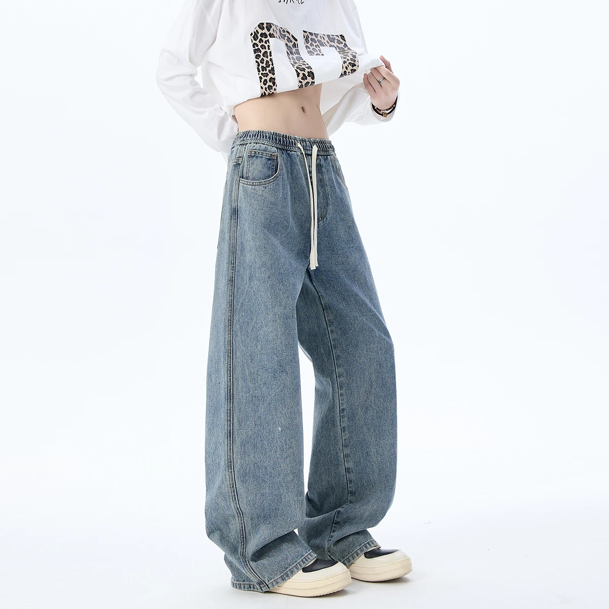High-Quality High-Waisted Drawstring Elastic Waist Basic Style Man Wide-Leg Jeans Elastic Waist