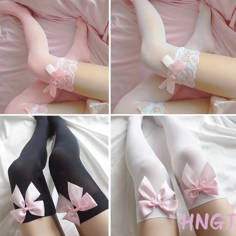 2026 كبير الوردي Bowknot جميل الفخذ العليا الركبة مثير جوارب الفتيات الحلو الدانتيل فوق الركبة جوارب السيدات مثير الملابس الداخلية جوارب