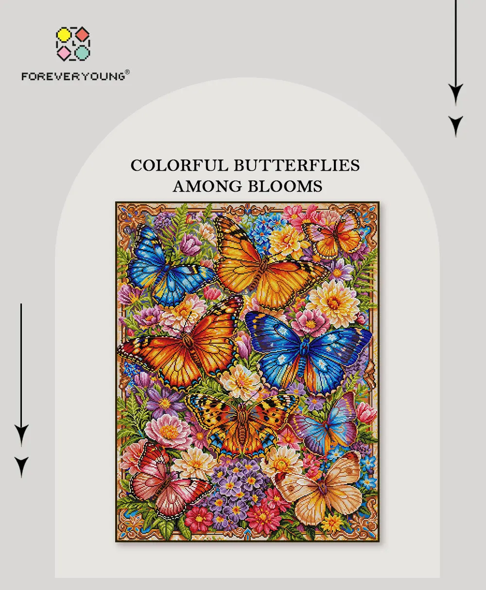 Foreveryoung Colorful Butterflies Among Blooms Diamond Kit, 70×90cm, Triple Diamonds. Lively Floral-Butterfly Wall Decor.