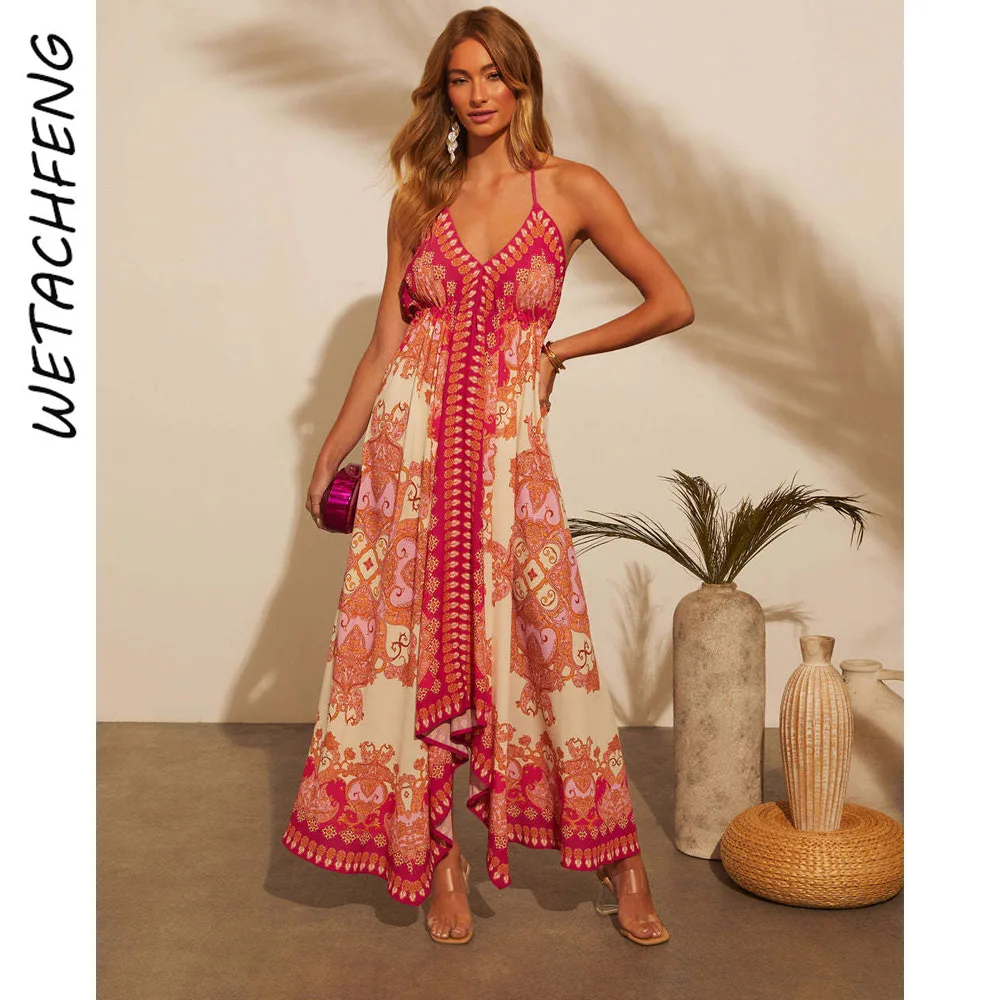Women's Dress Off-Shoulder V-Neck Floral Print Long Elegant A-Line Evening Dress Spaghetti Straps Boho Holiday Beach Party Gown