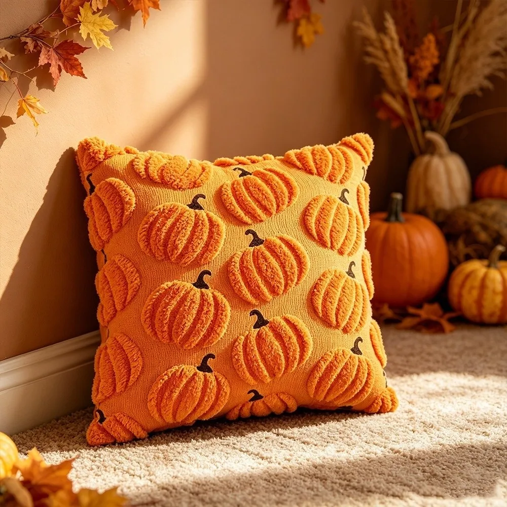 New Pumpkin Pattern Plushie Pillow Cases 18x18inch Square Shape Throw Pillowcase Washable Holiday Pillow Cover Halloween Decor