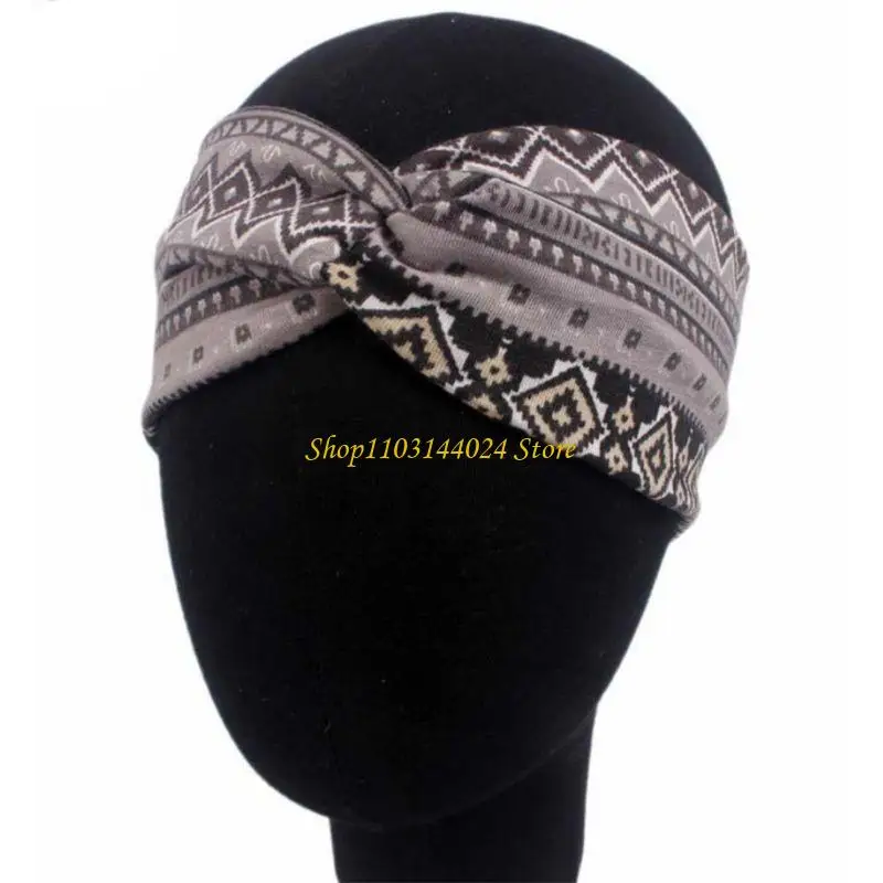 

N5KE Women Ethnic Printed for Cross Wide Headband Twisted Turban Elastic Hairband Bea