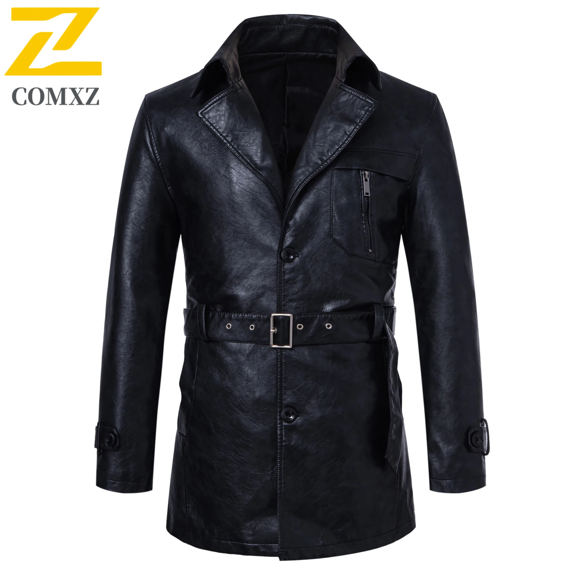 

Urban Fashion Faux Leather Jacket Men's Mid-length Belt PU Leather Coat chaqueta 2025 Autumn Winter Motorcyclist Trench Coat Man