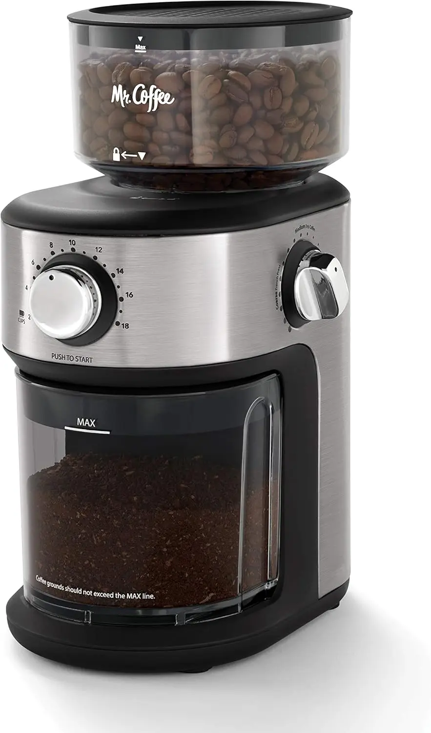 

Flat Burr Coffee Grinder with 18 Presets for French Press, Drip & Espresso, 18-Cup Capacity, Stainless Steel