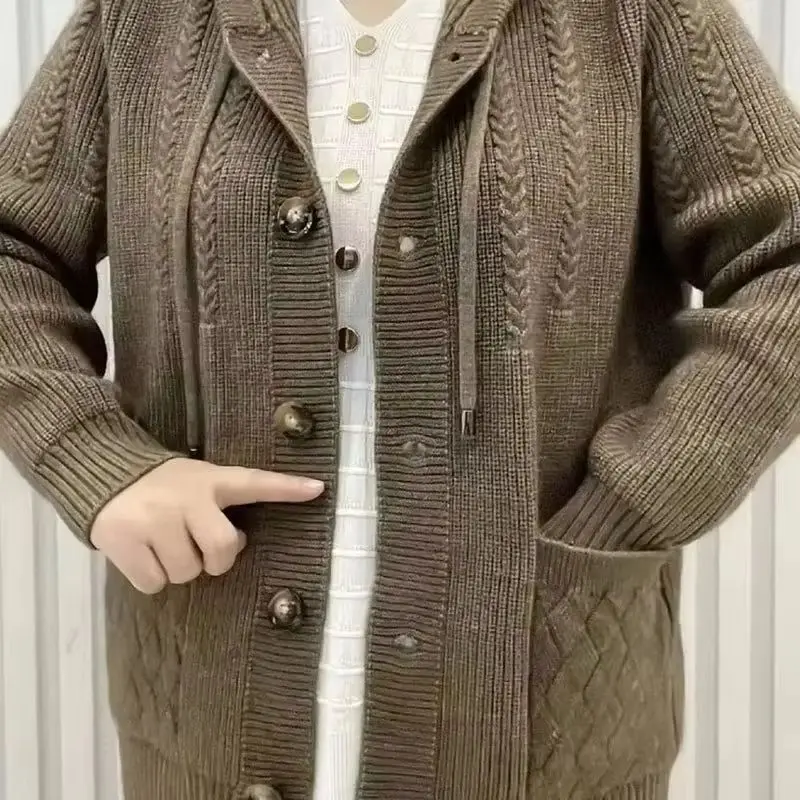 

New Autumn Winter Cardigan Sweater Jacket Women Solid Jacquard Hooded Knitted Sweater Single Breasted Cardigan Coats Ladies Tops