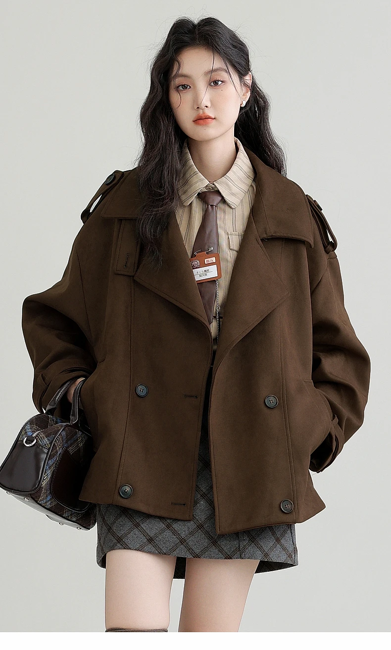 

Womens Coffee Colored Suede Cardigan Jacket Winter New Design Sense Niche Stand Collar Short Workwear Windbreaker Trend