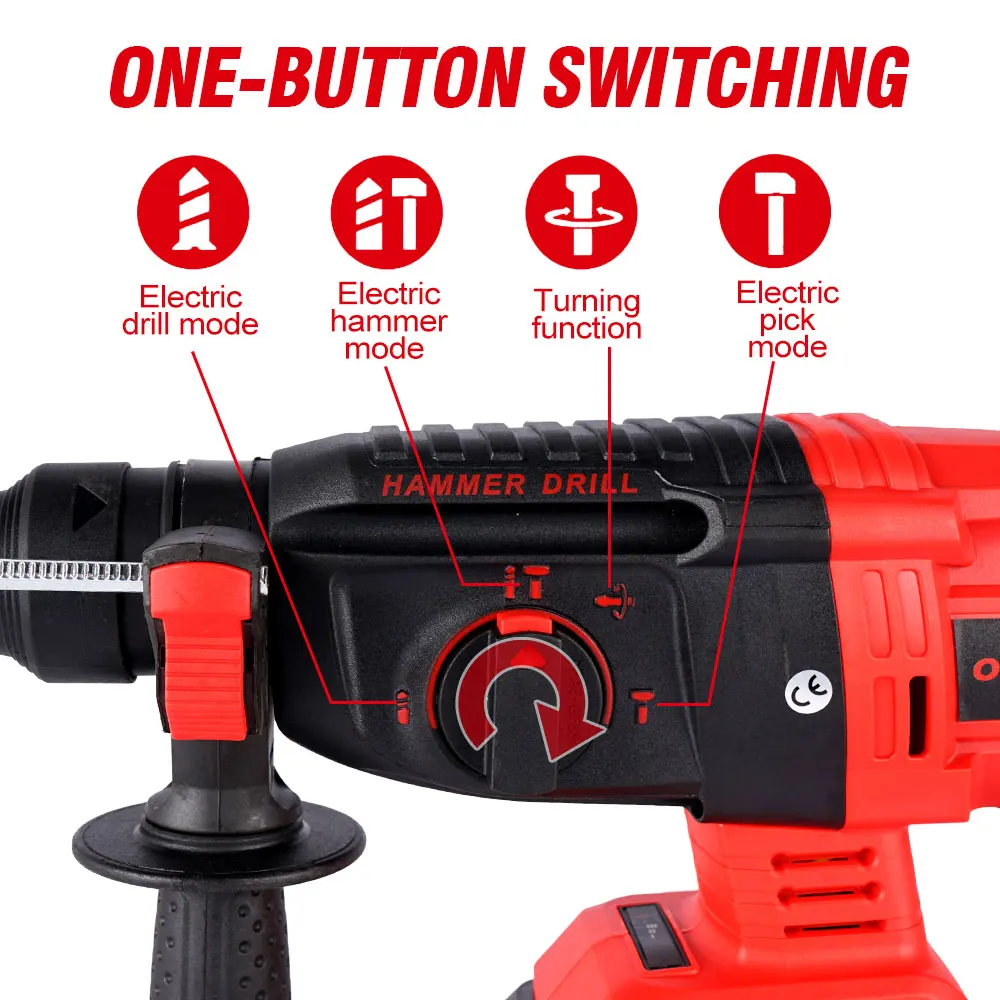 ONEVAN 2000W Brushless Electric Hammer Drill 4 Function 3200rpm Cordless Rechargeable Hammer Impact Drill For 18V Makita Battery