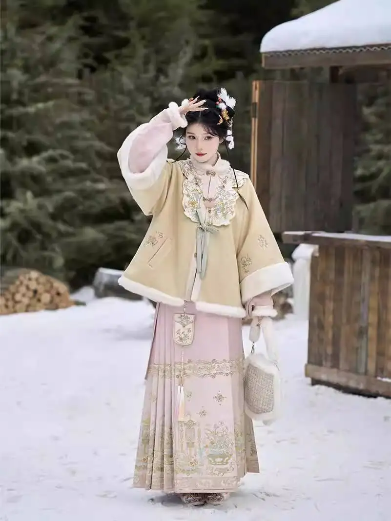 

Women in Hanfu Ming Dynasty Sleeve Round Neck Shirt Half Sleeve Ma Face Skirt Thickened Winter Cosplay Costume Halloween
