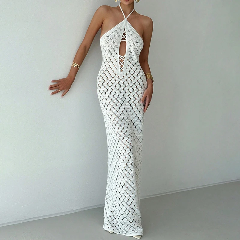 

Summer New Sexy Hollow Out Knitted Beach Dress Fashion Solid Bikini Cover-up Dress Hot Girl See-through Backless Vacation Dress