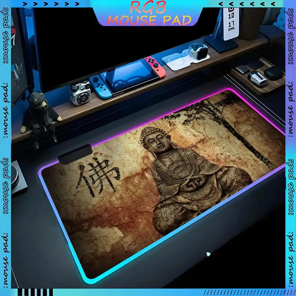 Buddha Mouse Pad RGB Pc Accessories LED Game Desk Mat E-sport Table Protector Neon Keyboard Mat Backlit Carpet Rug Give gifts to