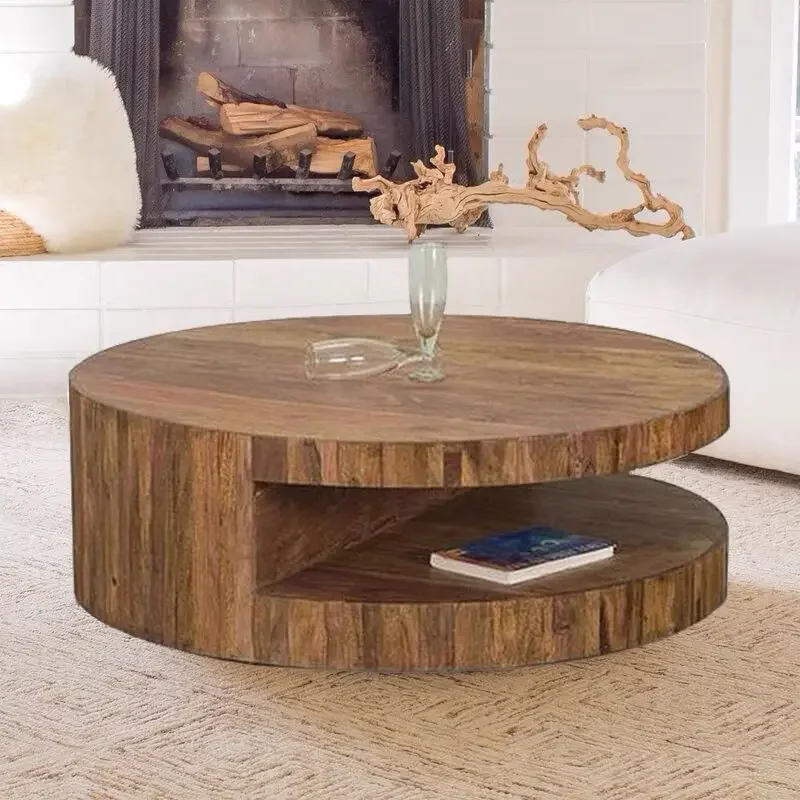 Vintage solid wood living room circular coffee table, Nordic minimalist wooden small tea table, creative idea