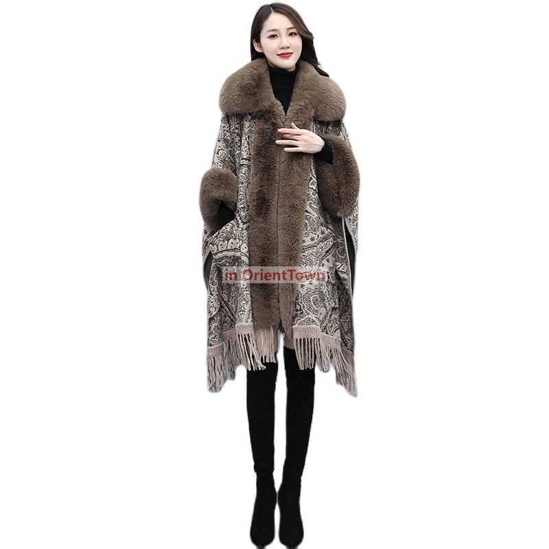 Winter Long Warm Cape Women Faux Fur Collar Popular Wool Shawl Scarf  Cloak Coat Lady Elegant Poncho Outwear Stoles
