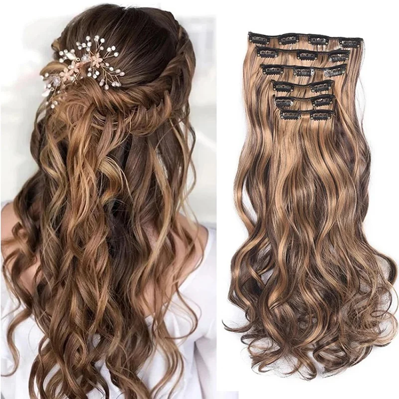 

Synthetic Water Wave Clip in Hair Extensions 24 Inch 16 Clips Long Full Head Wig for Women Party Cosplay Daily Wear Styling