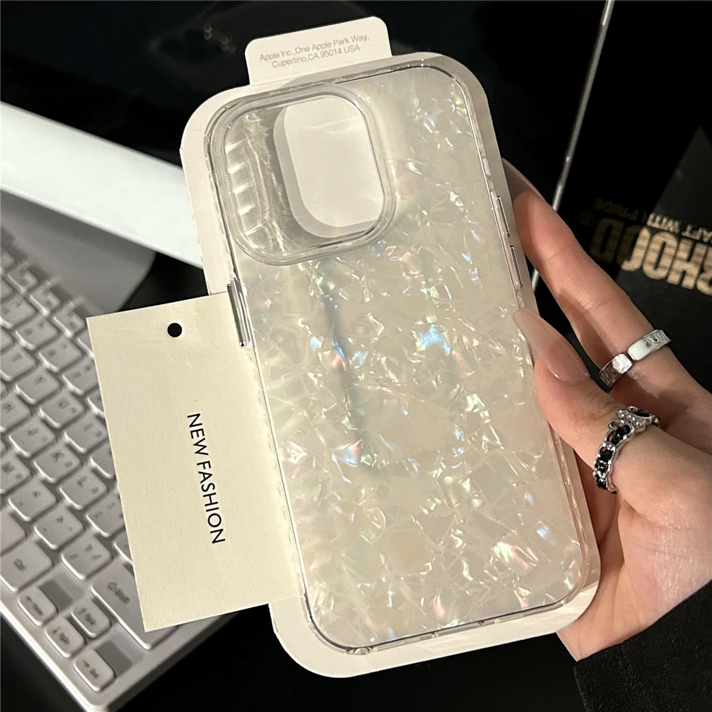 Luxury Aurora Glossy Shell Pattern Case For iPhone 16 Pro Max 15 14 Plus 13 12 11 Aurora Laser IMD Shockproof Protection Cover image 4