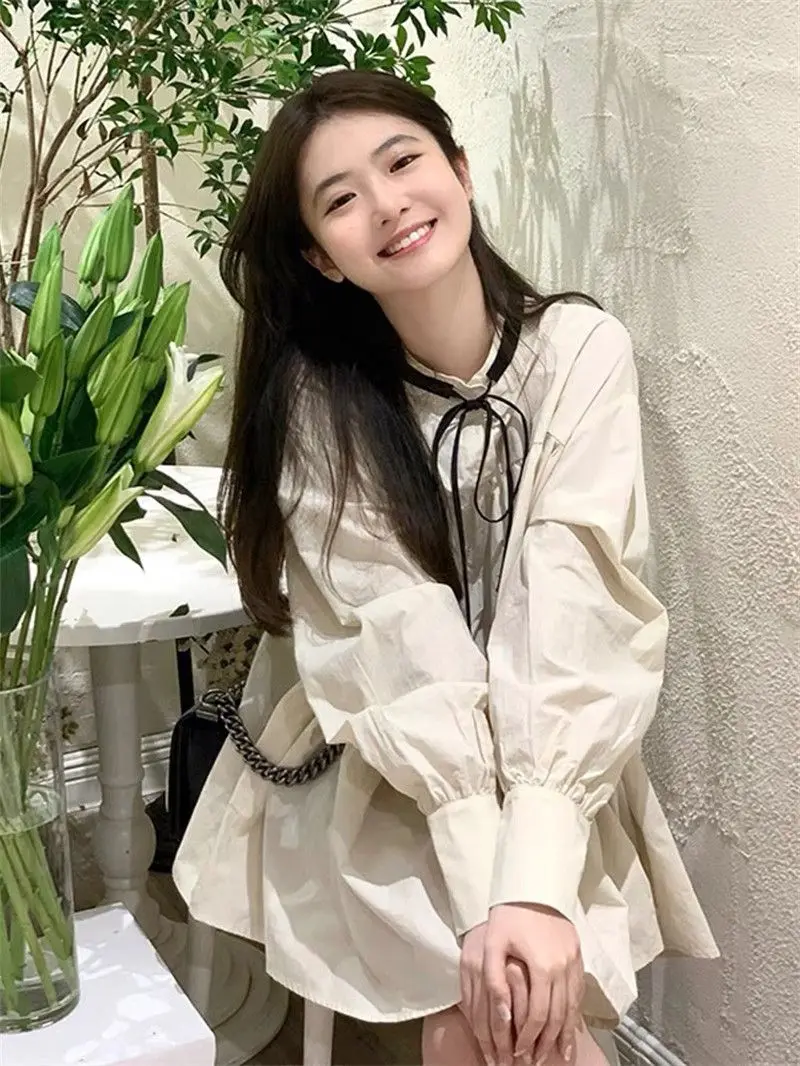 Sweet Early Autumn Long Sleeve Dress Girls Small Size Initial Doll Skirt College Style First Love Series Shirt Short Skirt