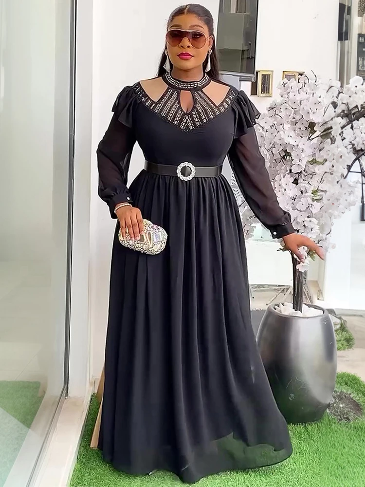 

Long Sleeve Chiffon Dresses For Women Elegant Wedding Party Prom Evening Maxi Dress 2025 Autumn African Clothing Dubai Kaftans