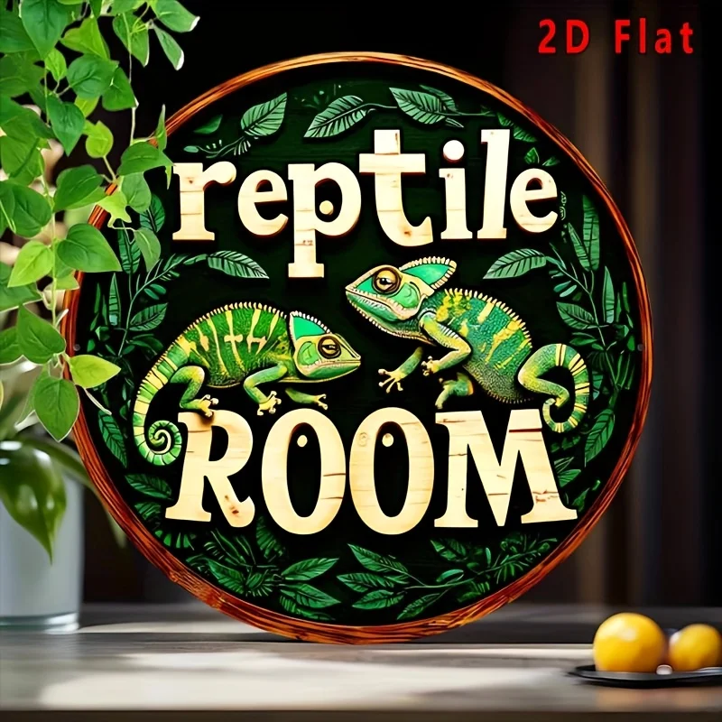 2D Flat, 1pc Vintage Reptile Room Metal Wall Art Sign - Funny Cartoon Aluminum Plaque with Vibrant Lizard Design, 8X8 Inch Round image 2