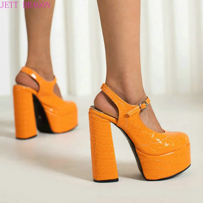 Women High Heel Shoes Platform Square High Heel Ladies Pumps PU Leather Round Toe Buckle Lady Party Shoes Orange Blue Green