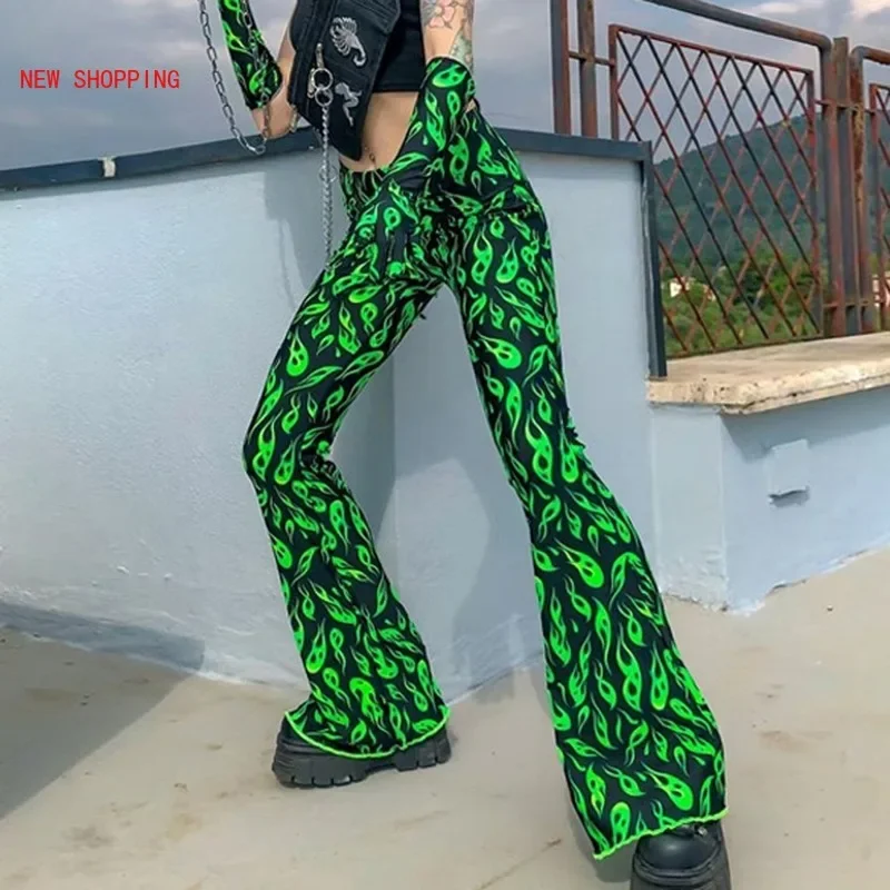 Harajuku Green Fire Print Flare Pants Emo Drunk Style High Waist Bell Bottom Sexy Women Streetwear Y2K Punk Trousers Winter Fall