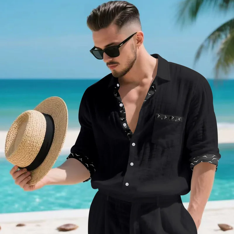 Linen Split Spring and Autumn Lapel Long Sleeve Cardigan Shirt Travel Vacation Daily Casual Young Men's Loose Top