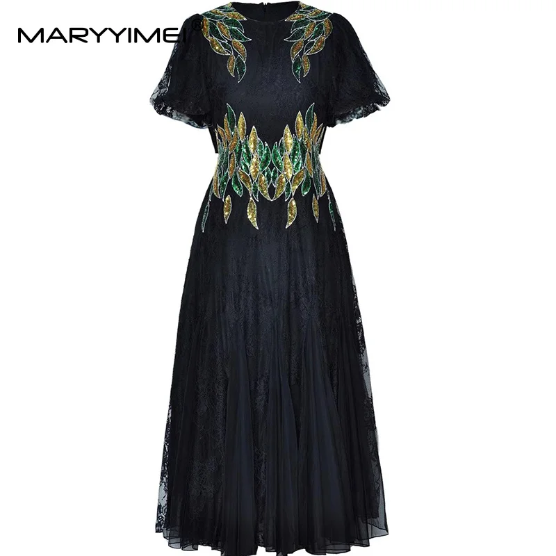 

MARYYIMEI Fashion design Women's Dress Short-Sleeved Sequins Lace High waist Dresses Spring Summer 2025 New