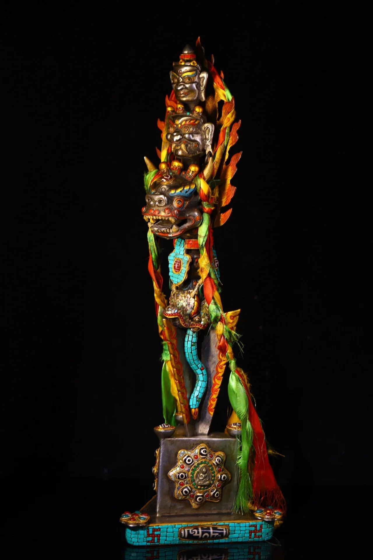 

23"Tibetan Temple Collection Old Tiantie Mosaic Gem gZi Beads Turquoise GARUDA Yamantaka Buddha Head Vajra Phurpa Base Amulet