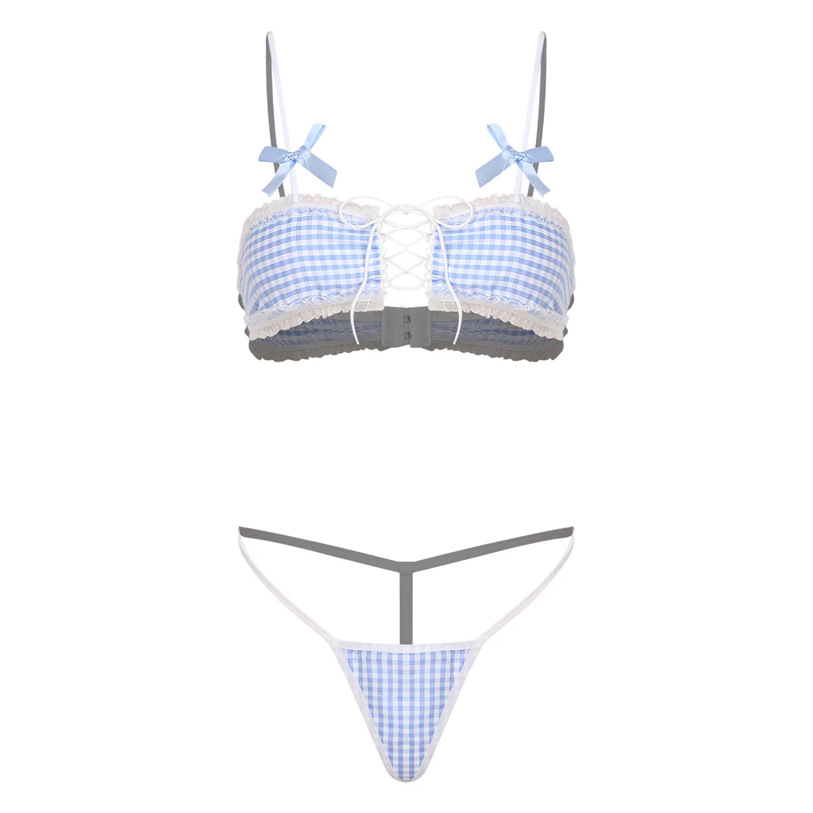

Womens Schoolgirl Maid Uniform Bikini Halter Mini Bra Top with Lace Trim and T-back Thong Micro Briefs Anime-style Lingerie