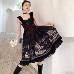 Japanese Gothic Lolita Style Jsk Dress Girls Victorian Retro Nightingale Rose Sling Dresses Women Mesh Patchwork Kawaii Vestidos
