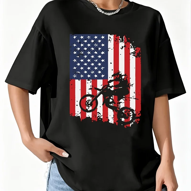 American Flag Motocross Dirtbike Women's T-Shirt 100% Cotton Fun Print Short Sleeve Top Casual Round Neck Tee S-5Xl