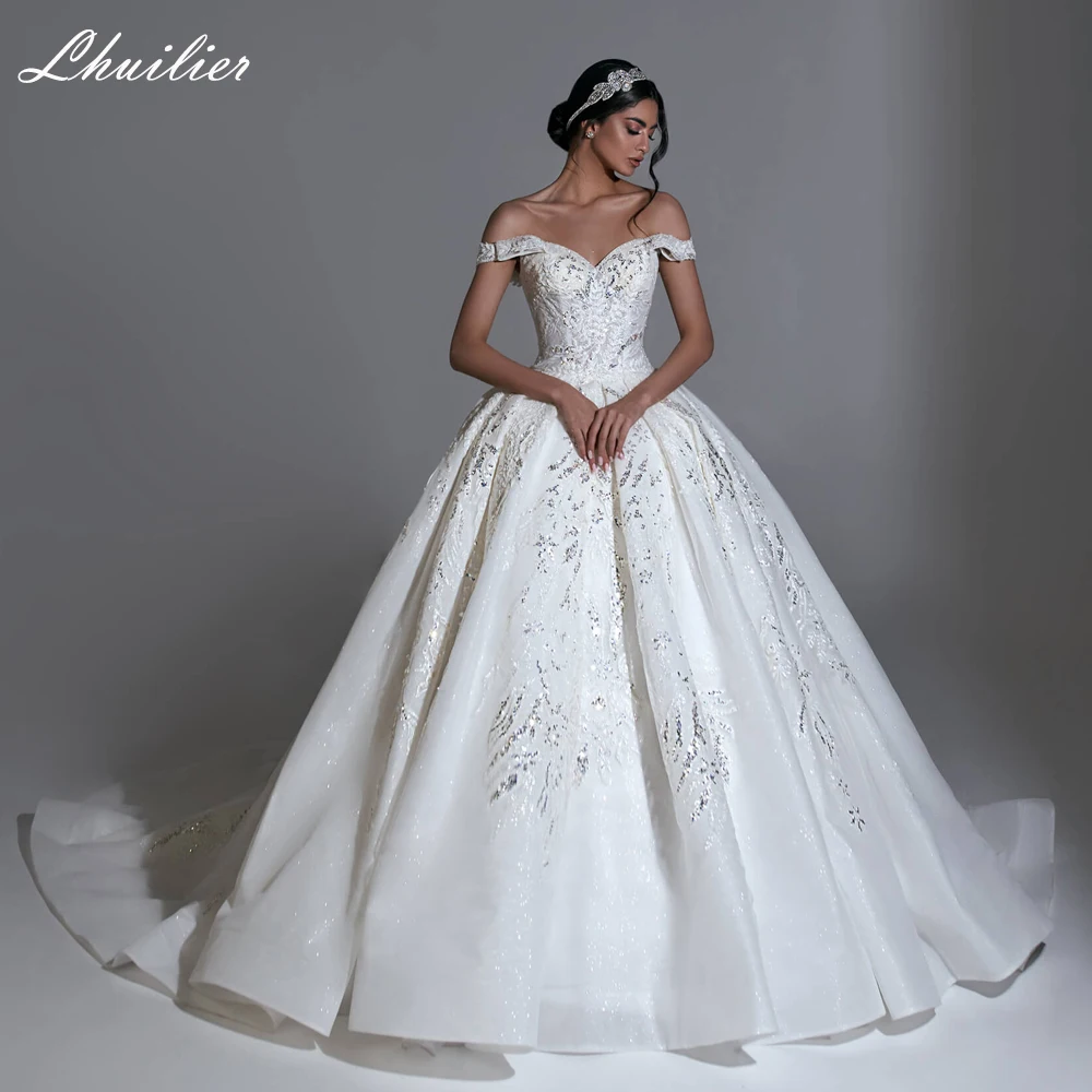 

Lhuillier Off the Shoulder Ball Gown Wedding Dresses Floor Length Luxury Lace Beaded Bridal Dress with Chapel Train