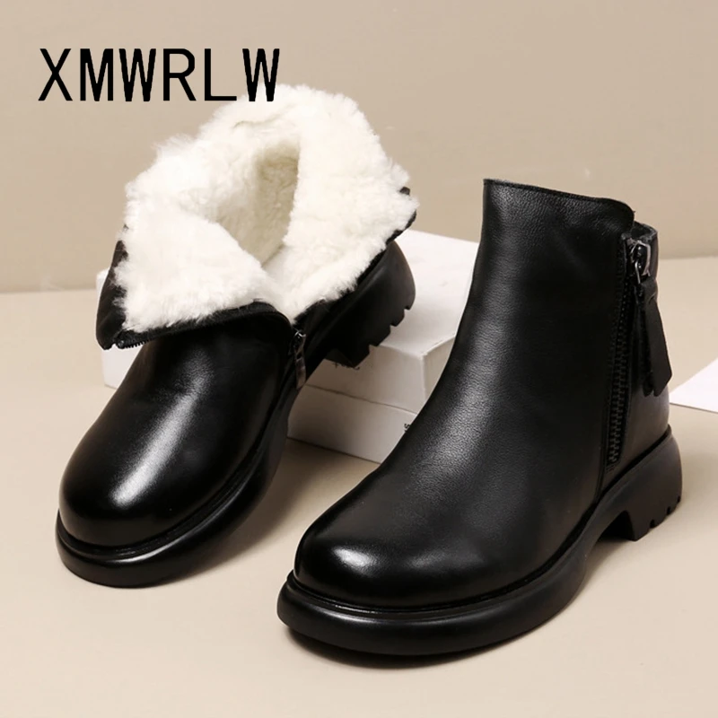 

XMWRLW Women Winter Ankle Boots Shoes Genuine Leather Warm Fur Ladies Ankle Boots Winter Women Shoes Rubber Sole Non-Slip Shoe