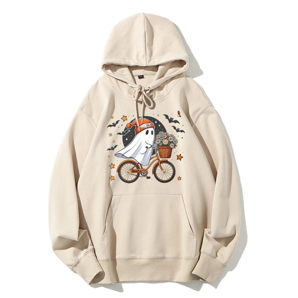 Cute Ghost On Bike Hoodie Boho Halloween Sweatshirt Spooky Season Ghost Bicycle Floral Flower Pullovers Autumn Halloween Shirt