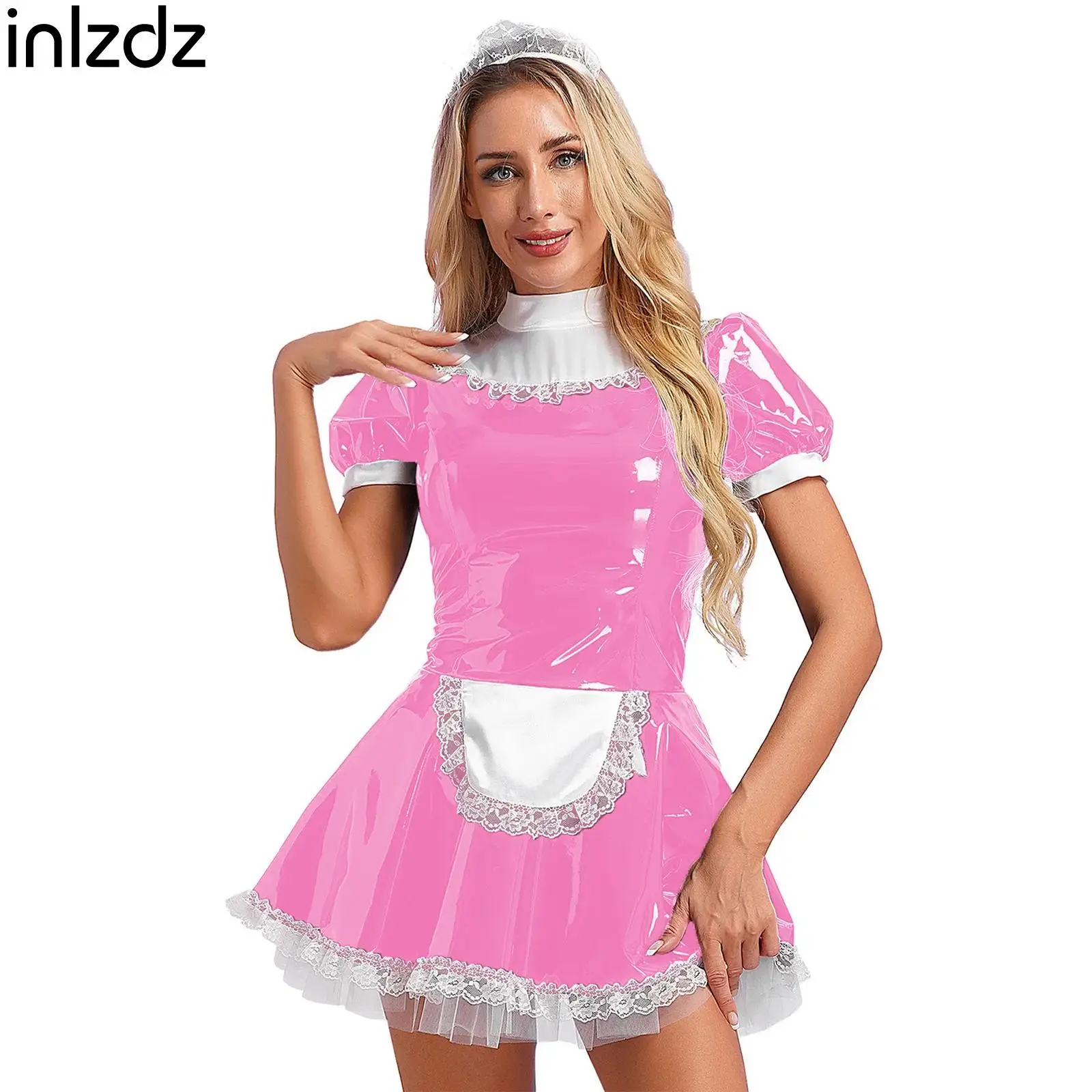 Vestido de sirvienta de charol brillante con diadema de encaje para mujer, delantal de encaje con volantes, manga abullonada, vestido de línea A, ropa de dormir para discoteca