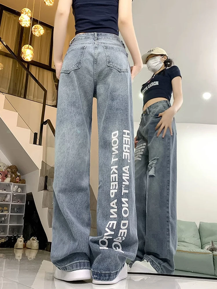 Jmprs Women Streetwear Hole Jeans Vintage Letter Loose Casual Denim Pants American Retro Harajuku High Waist Bf Design Trousers