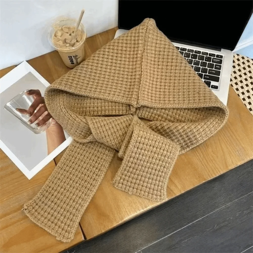 Acrylic Fibres Knitted Hooded Caps Soft Embossing Neck Collar Beanies Caps Keep Warm Ear Protection Winter Neckerchief Hat