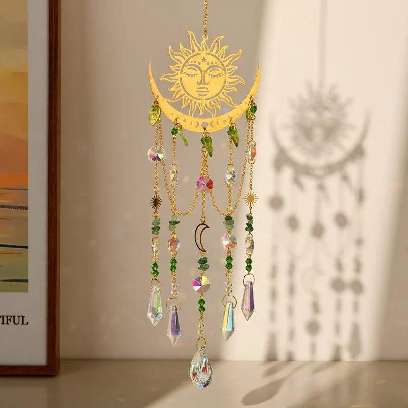 Bohemian Sun Moon Crystal Sun Catcher Pendant,Rainbow Natural Gravel Wind Chime Pendant room decor aesthetic home decoration