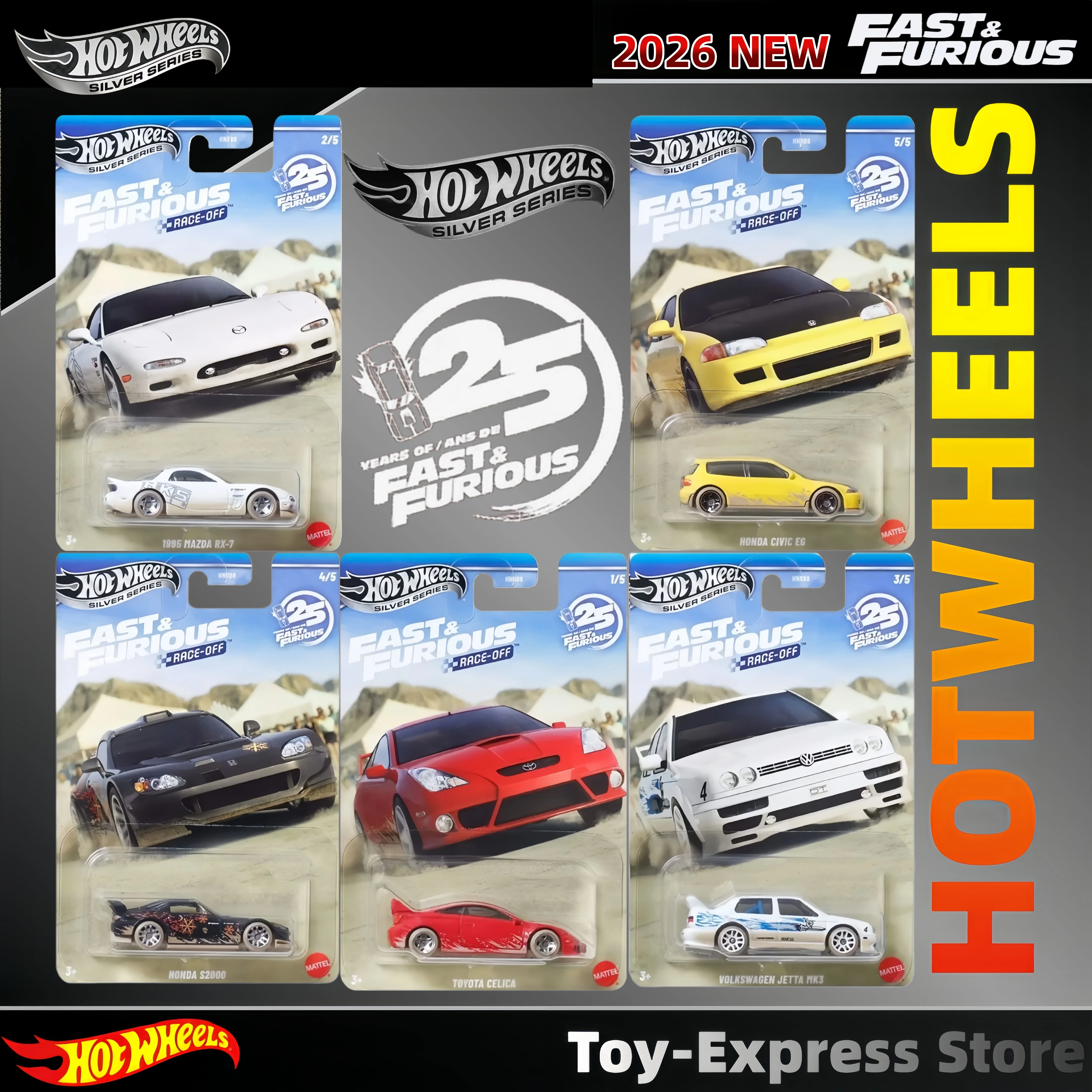 

Коллекционные модели машинок Hot Wheels 2026 Silver Series Fast & Furious: Toyota, Mazda, Honda, Volkswagen, масштаб 1:64, литые под давлением, для детей