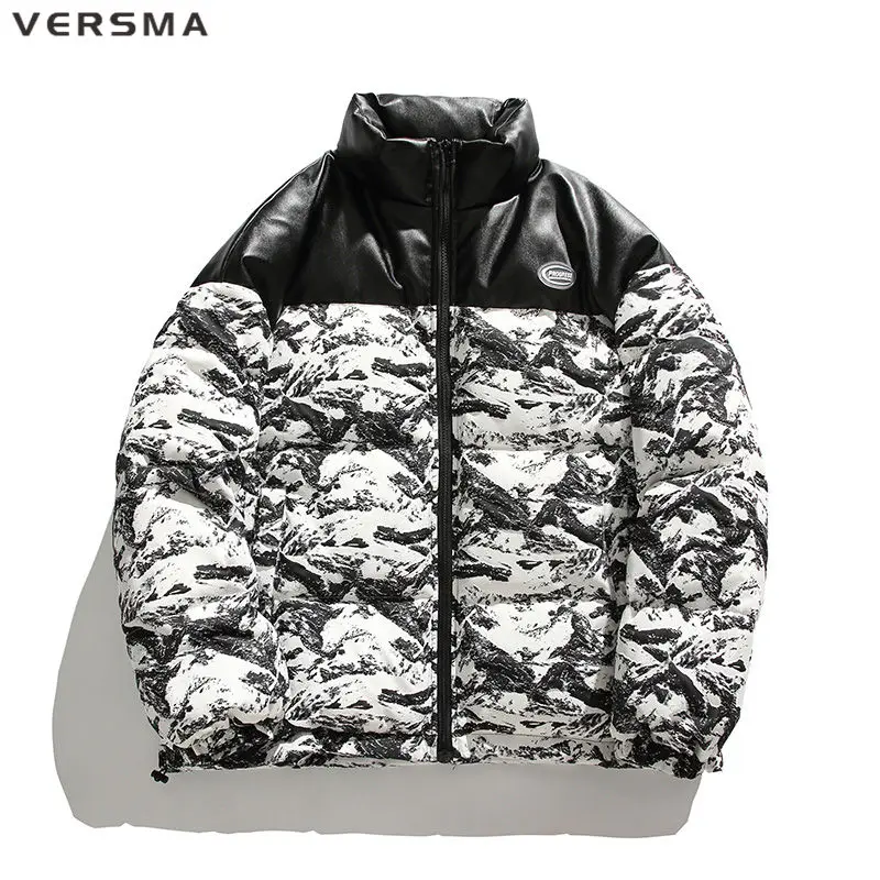 VERSMA Korean Ulzzang Camouflage Print Pu Stitch Winter Jacket Coat Men Hip Hop Warm Thick Waterproof Russian Winter Parkas Men