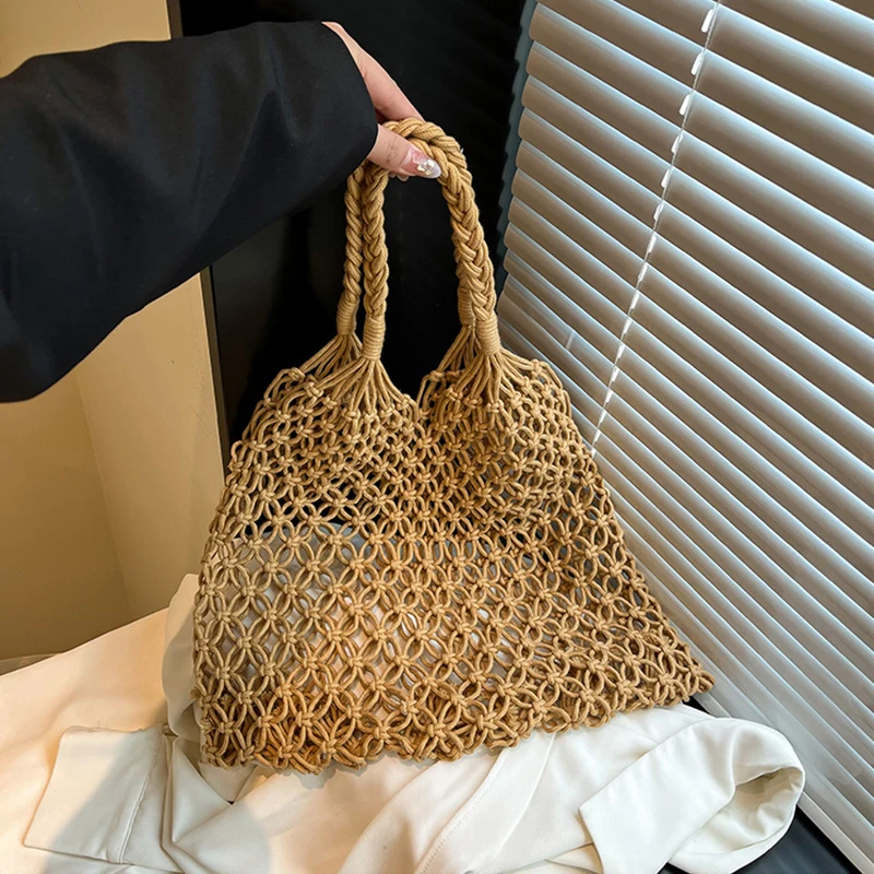 

Large Summer Boho Handbag - Handmade Knitted Woven Tote with Hollow out Design Stylish Shoulder Beach Bag for Women