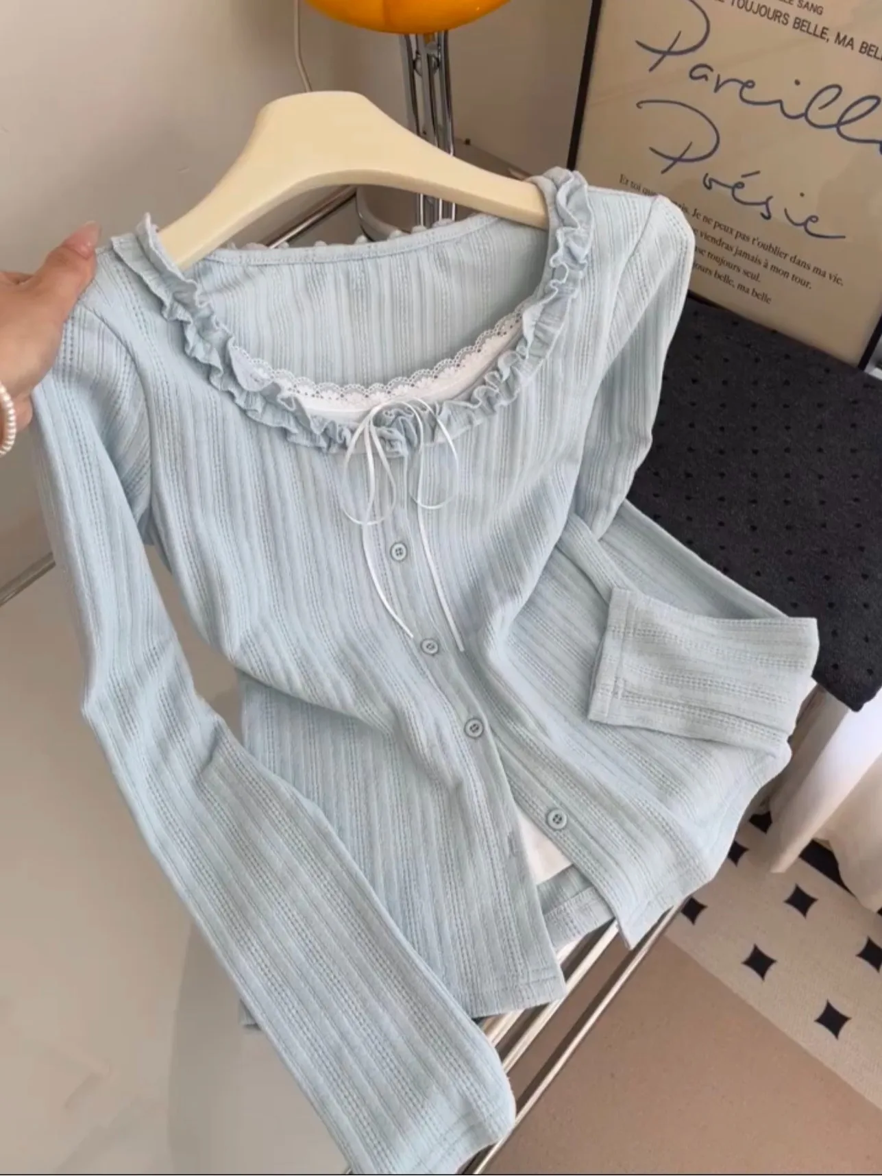 Blue Lace Splice Long Sve T-irt Women's Korean Sle Button Cardigan Ort Top Breathable Cotton Polyester Blend Autumn ...