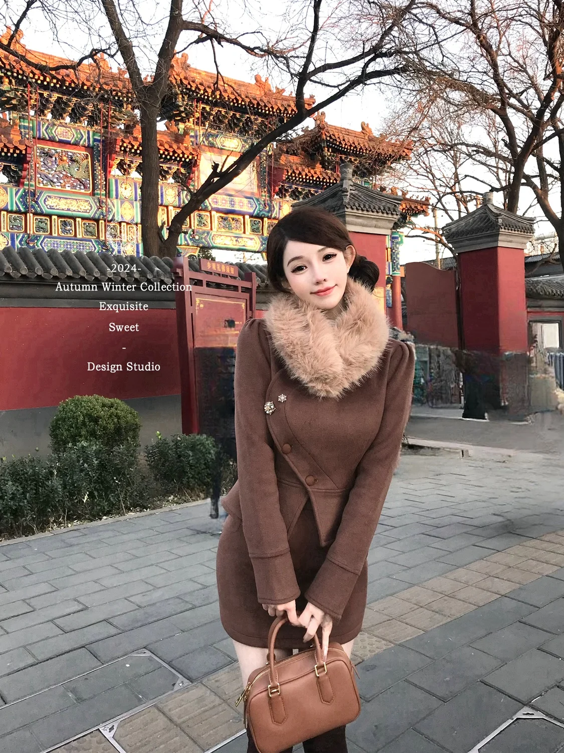 

Ретро-костюм из твидового пальто и юбки для женщин, зимний модный наряд, юбка с воротником-стойкой, коричневый цвет