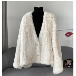 2023 Women Winter Warm Real Rabbit Fur Coat Long Sleeve Loose Female Genuine Fur Jacket With Button Casual Warm Outwear V-neck