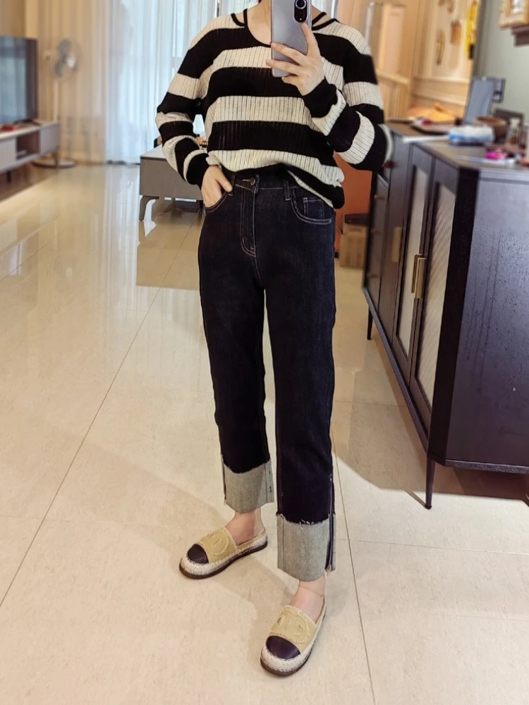 Latest Women's Color Block Zipper Ultra Slimming Black Cigarette Leg Jeans Loose Fit Cropped Trendy Hong Kong Style