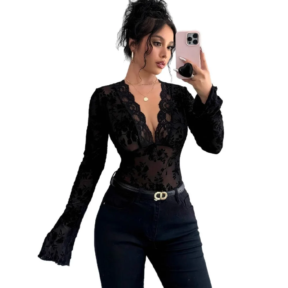 

Autumn Winter New Women's Tees Fashion Sexy V-Neck Flocking Hollow Out Lace Tops S-2XL Elegant Slim Black T-Shirt