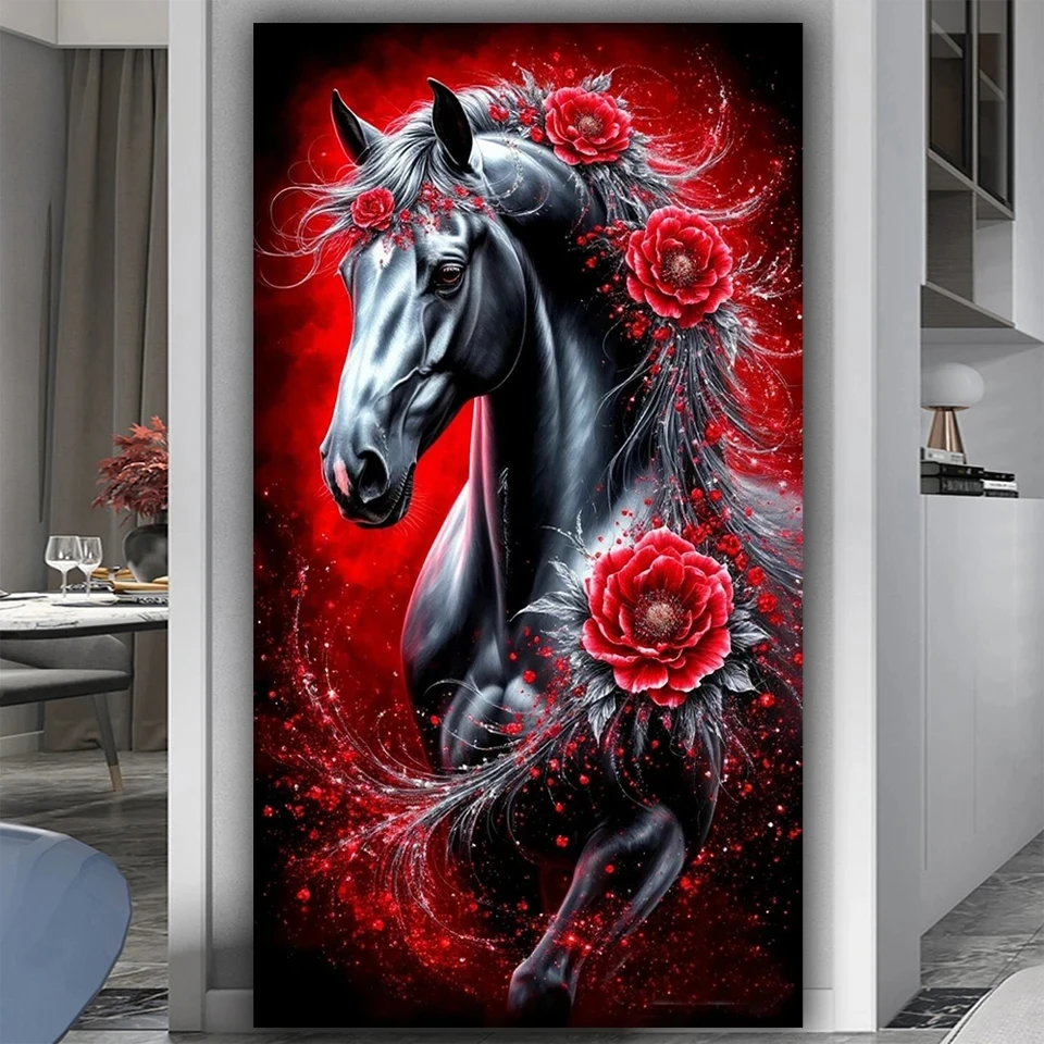 

Black Horse Diy 5D Diamond Painting Large Size Cross Stitch Kits Diamond Mosaic Art For Living Room Decor Horse Year Gift