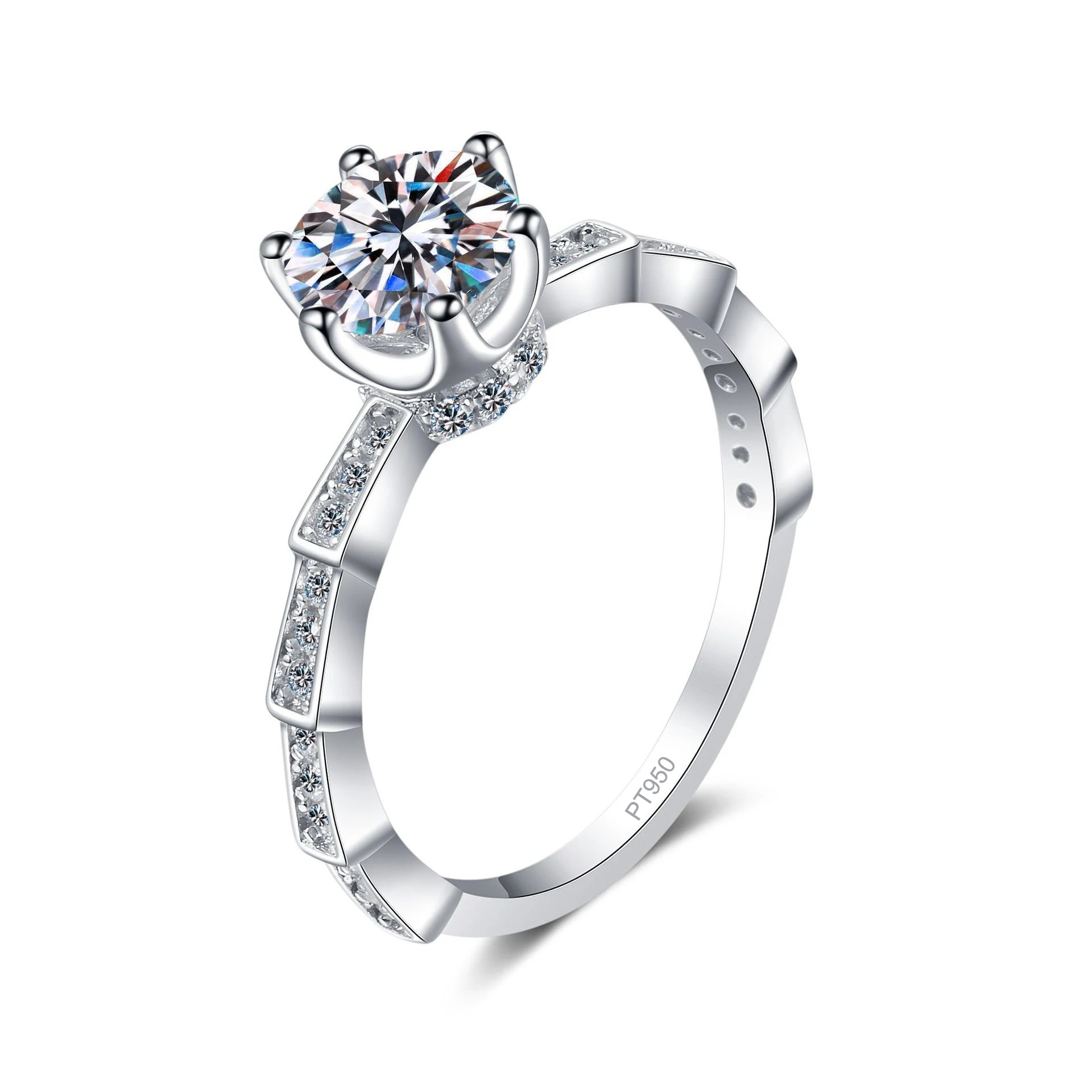 Exquisite Platinum PT950 Stylish 12-Carat Mossanite Ring Six-Prong Snake-Bone Setting Diamond Wedding Band Jewelry Gifts