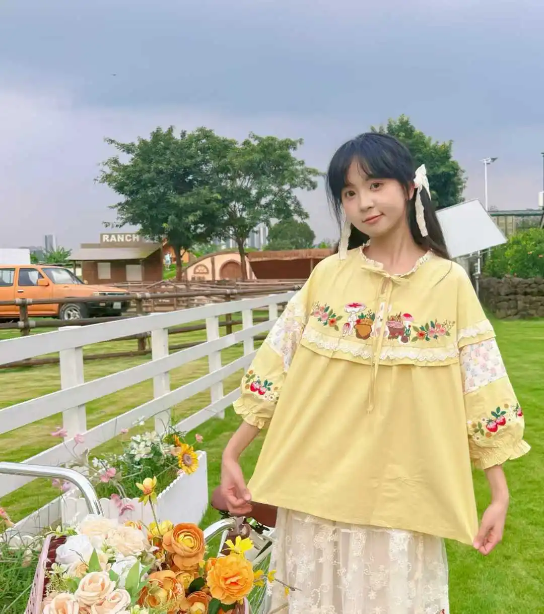 

Female Summer Vintage Cotton Lace Patchwork Strawberry Kawaii Cute Blouse Yellow Color Mori Girl Lolita Sweet Rococo Shirt