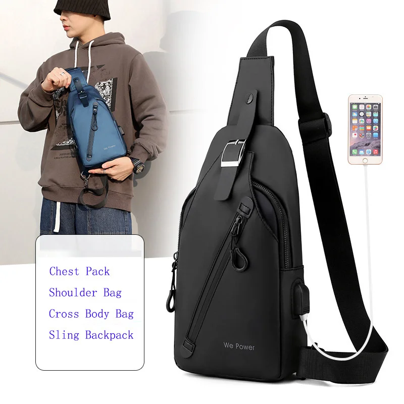 Nylon Men Shoulder Chest Pack Side Bag for USB Charging Port Military Travel Waterproof Male Sling Backpack Cross body