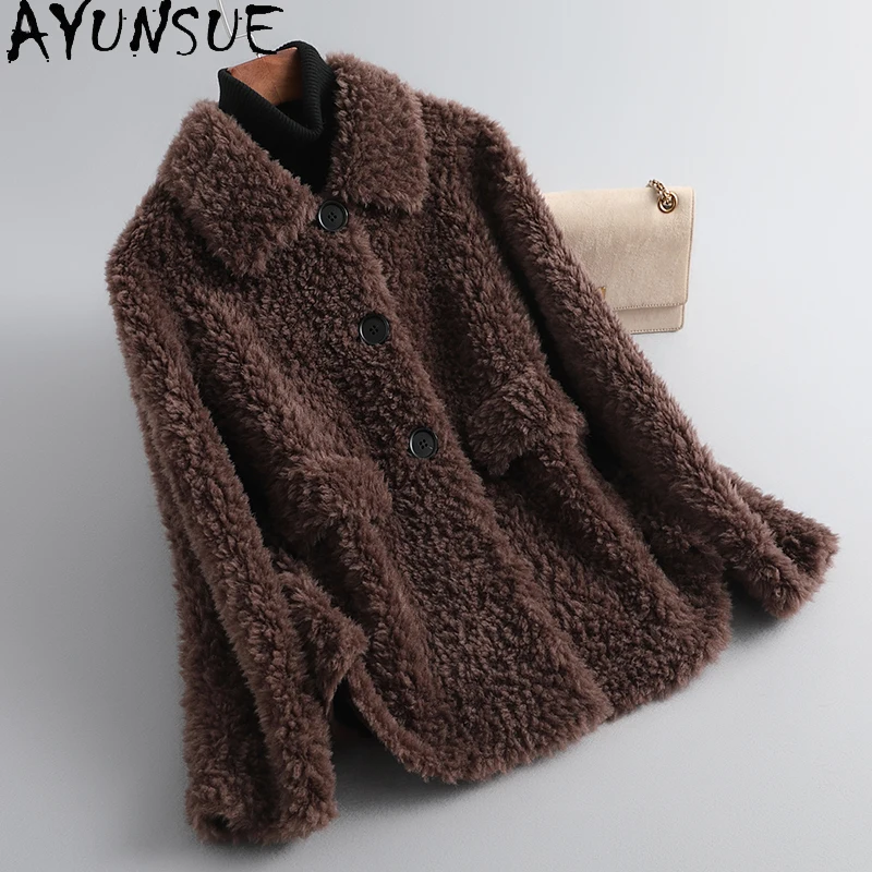 

AYUNSUE Korean Women's Winter Coats Sheep Shearling Coat Women Clothing Suede Liner Wool Fur Coat Warm Female Fur Jacket Lq1093